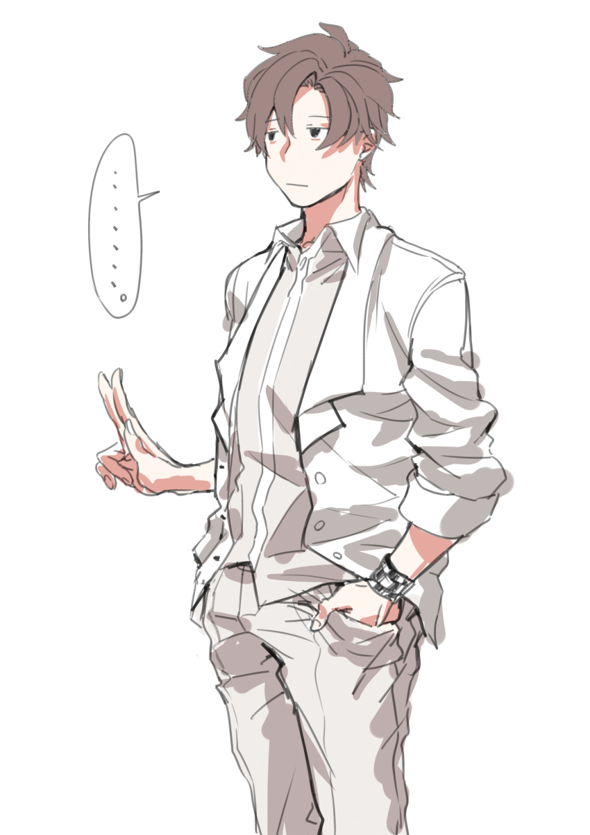 ... 1boy :| blazer bracelet brown_hair cevio closed_mouth empty_eyes hand_in_pocket highres jacket jewelry male_focus mashima_jirou short_hair solo spoken_ellipsis takahashi_amato v white_background