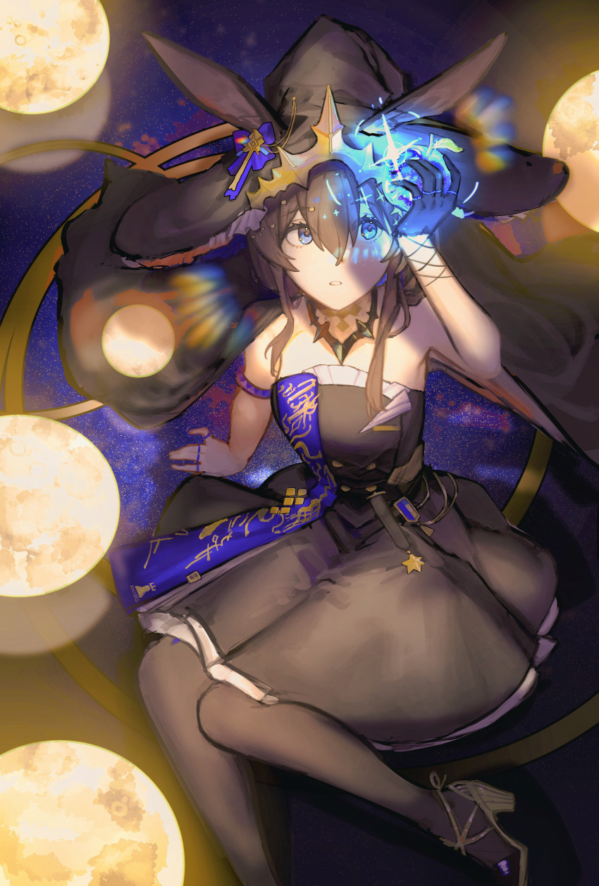 1girl absurdres ambience_synesthesia amiya_(arknights) amiya_(medic)_(arknights) amiya_(medic)_(solo_around_the_world)_(arknights) arknights arm_support arm_up armlet bare_shoulders black_dress black_gloves black_hat black_pantyhose blue_eyes brown_hair chinese_commentary commentary_request dress foot_out_of_frame frilled_dress frills gloves hair_between_eyes half_gloves hat highres jewelry kai_sai_lu_dan_tui_ren lens_flare magic multiple_rings official_alternate_costume pantyhose parted_lips ring single_half_glove solo witch_hat