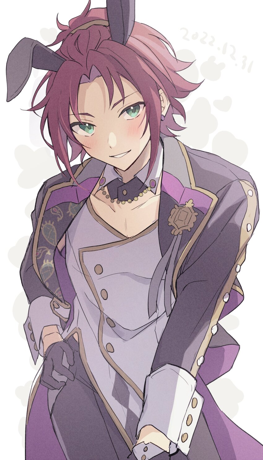 1boy absurdres animal_ears bangs_pinned_back black_gloves black_jacket brooch detached_collar ensemble_stars! gloves green_eyes grey_vest hand_on_own_hip highres isara_mao jacket jewelry long_hair looking_at_viewer male_focus open_clothes open_jacket rabbit_ears red_hair reijiro smile solo vest