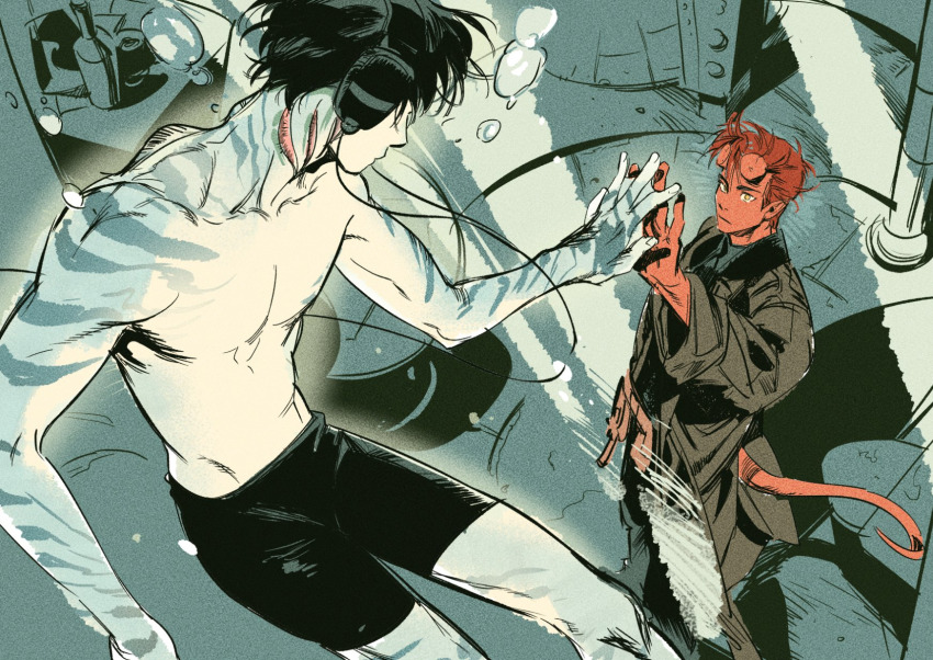 2boys abraham_sapien aquarium atie1225 black_hair coat colored_skin demon_boy headphones hellboy hellboy_(comic) highres horns looking_at_another male_focus merman monster_boy multiple_boys no_nipples pectorals red_hair red_skin short_hair shorts standing submerged swimming tail toned toned_male topless_male trench_coat underwater yellow_eyes