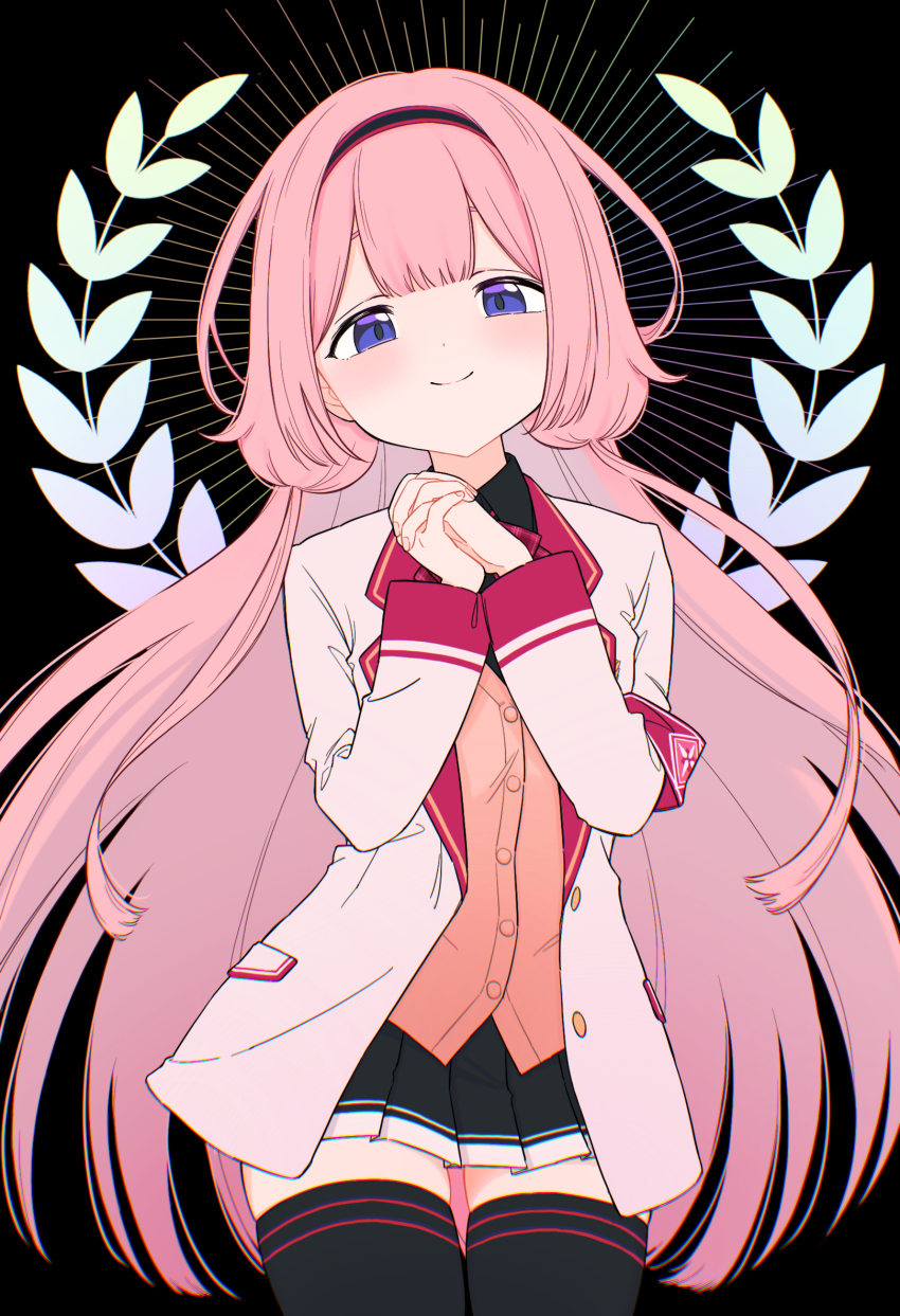 1girl black_background black_hairband black_skirt blazer blue_eyes blush hairband head_tilt highres interlocked_fingers jacket long_hair nijisanji orange_vest pink_hair po_(po_495) school_uniform selene_girls_school_uniform skirt smile solo suo_sango suo_sango_(1st_costume) thighhighs vest virtual_youtuber white_jacket