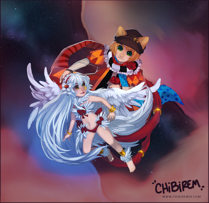 1boy 1girl animal_ear_headwear animal_ears back_bow bangle barefoot bikini black_scarf black_vest blonde_hair blue_scarf bow bracelet cat_ears chibiremix closed_mouth coat commentary english_commentary fake_animal_ears feather_trim feathered_wings full_body green_eyes jewelry juliet_sleeves long_hair long_sleeves looking_at_viewer minstrel_(ragnarok_online) mismatched_bikini navel open_mouth polka_dot polka_dot_scarf puffy_sleeves ragnarok_online red_bikini red_bow red_coat red_scarf scarf short_hair sky smile star_(sky) starry_sky striped_clothes striped_scarf swimsuit very_long_hair vest wanderer_(ragnarok_online) white_bikini white_hair white_scarf white_wings wings yellow_eyes