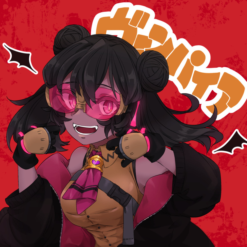 1girl black_gloves black_hair black_jacket breasts dark-skinned_female dark_skin double_bun fangs genderswap genderswap_(mtf) gloves hair_bun highres jacket looking_at_viewer medium_breasts medium_hair off_shoulder open_mouth orange_shirt parody personification pink_eyes shirt sleeveless sleeveless_shirt smile solo sunglasses swindle_(transformers) toyohara_taki transformers vampire_(vocaloid) vocaloid