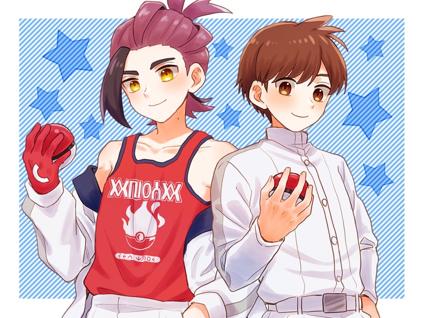 2boys belt black_hair brown_eyes brown_hair collarbone colored_inner_hair commentary_request cowboy_shot florian_(pokemon) gloves hair_tie hair_tied hair_tied_up high_collar highres holding holding_poke_ball jacket kieran_(pokemon) light_blush looking_at_viewer loose_hair_strand male_focus mochi_(mocchi_p_2m) mole mole_on_neck multicolored_hair multiple_boys nintendo off-shoulder_jacket off_shoulder one_glove poke_ball pokemon pokemon_sv purple_hair red_gloves red_tank_top shirt short_hair shorts single_glove smile star_(symbol) star_symbol_background tank_top two-tone_hair upper_body white_background white_jacket white_shorts yellow_eyes
