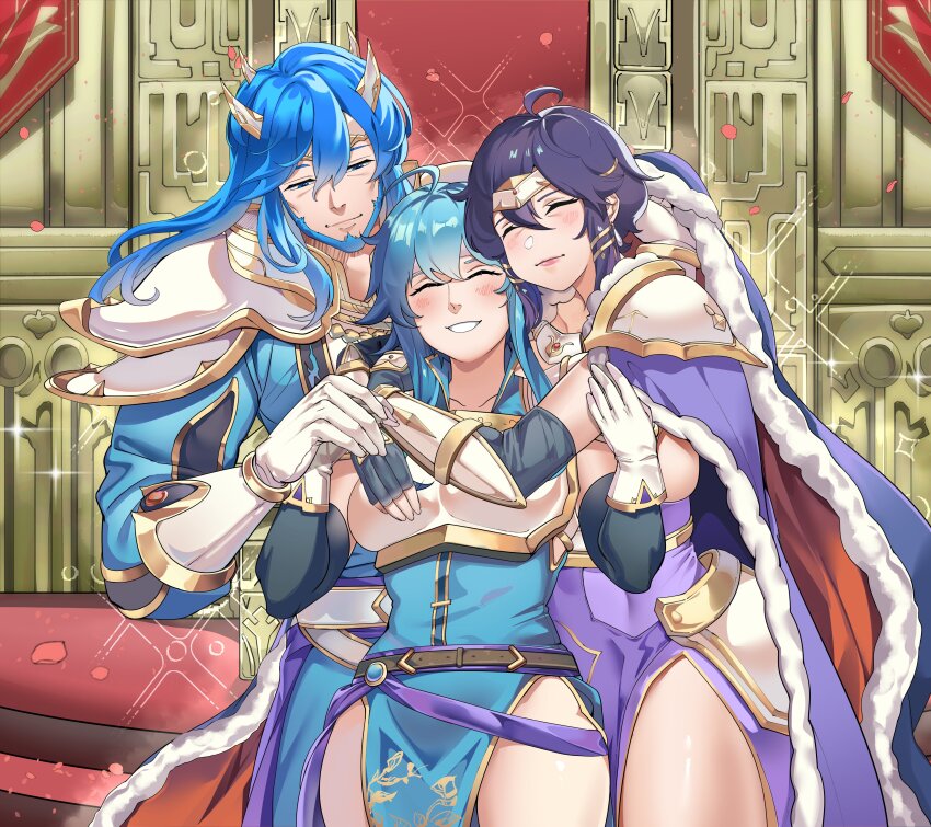 1boy 2girls absurdres aged_up ahoge alternate_costume armor beard belt black_hair blue_hair blush bracer breastplate cape closed_eyes commentary commission commissioner_upload couple crown earrings elbow_gloves english_commentary facial_hair father_and_daughter fingerless_gloves fire_emblem fire_emblem:_genealogy_of_the_holy_war gloves gouble3 hair_between_eyes headband hetero highres hip_armor holding_hands hug if_they_mated jewelry larcei_(fire_emblem) long_hair mother_and_daughter multiple_girls nintendo original pointed_crown sandwiched sash seliph_(fire_emblem) short_hair shoulder_armor side_slit sidelocks smile sparkle thighs throne tiara tunic white_headband