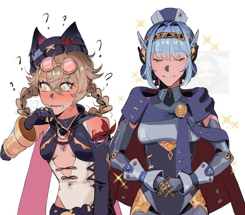 2girls ? android animal_ear_headwear animal_ears arm_at_side bare_shoulders blue_hair blush braid braided_hair_rings breasts brown_hair bvbu cape center_opening closed_eyes closed_mouth commentary confused detached_sleeves drooling english_commentary eyewear_on_head fake_animal_ears fang genshin_impact hair_between_eyes hair_rings hand_up hat hickey highres ineffa_(genshin_impact) jahoda_(genshin_impact) joints leotard looking_to_the_side mechanical_arms messy_hair metal_skin mouth_drool multiple_girls nose_blush open_mouth own_hands_together pink-tinted_eyewear prosthesis prosthetic_arm robot robot_ears robot_girl robot_joints round_eyewear single_mechanical_arm skin_fang small_breasts smile sparkle sunglasses sweat tinted_eyewear upper_body wide-eyed x_hat_ornament yellow_eyes