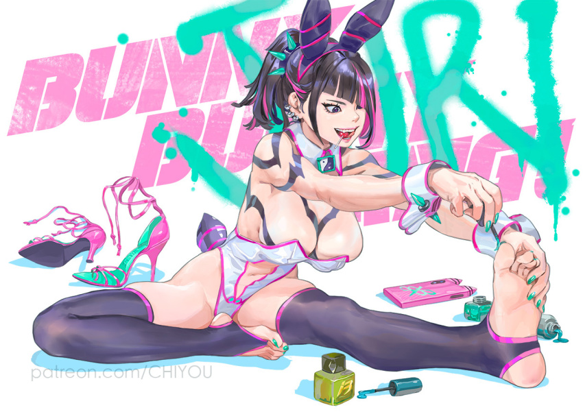 1girl amatiz animal_ears applying_pedicure aqua_nails candy fake_animal_ears fake_tail food han_juri leotard lollipop nail_polish painting_nails painting_toenails playboy_bunny rabbit rabbit_ears rabbit_tail solo street_fighter street_fighter_6 tail toeless_legwear toenail_polish toenails yin_yang