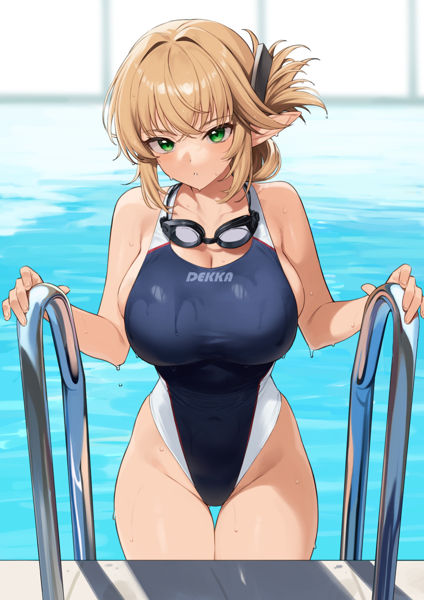 1girl absurdres aegis_(takunomi) bare_arms bare_shoulders blonde_hair blue_one-piece_swimsuit blush breasts cleavage collarbone commentary_request competition_school_swimsuit competition_swimsuit covered_navel elf enjo_kouhai folded_ponytail goggles goggles_around_neck green_eyes hair_intakes hair_ornament hairclip highleg highleg_one-piece_swimsuit highres large_breasts long_hair long_pointy_ears looking_at_viewer one-piece_swimsuit original parted_lips partially_submerged pointy_ears pool pool_ladder poolside school_swimsuit sidelocks skindentation solo standing swimsuit takunomi water wet wet_clothes wet_swimsuit