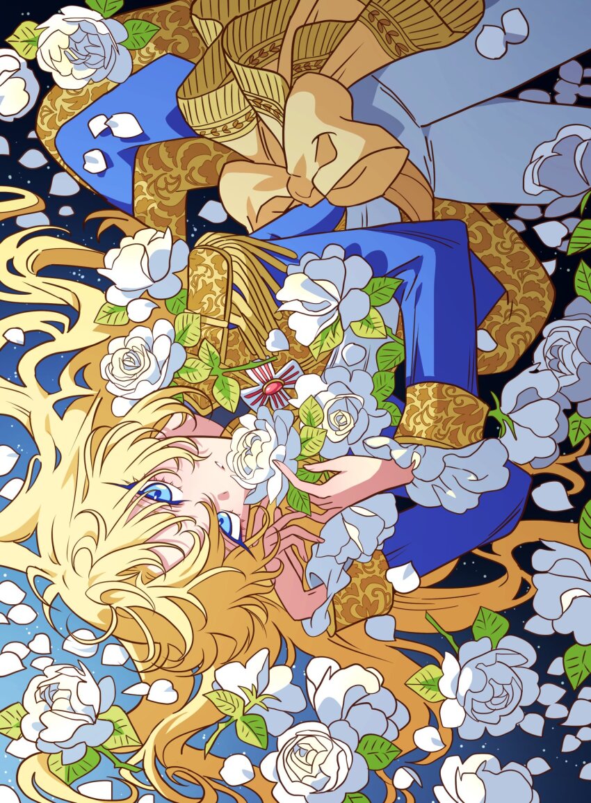 1girl blonde_hair blue_eyes blue_jacket epaulettes flower frilled_shirt frills hair_between_eyes highres jacket long_eyelashes long_hair looking_at_viewer lying meremero oscar_francois_de_jarjayes rose shirt solo versailles_no_bara white_flower white_petals white_rose white_shirt