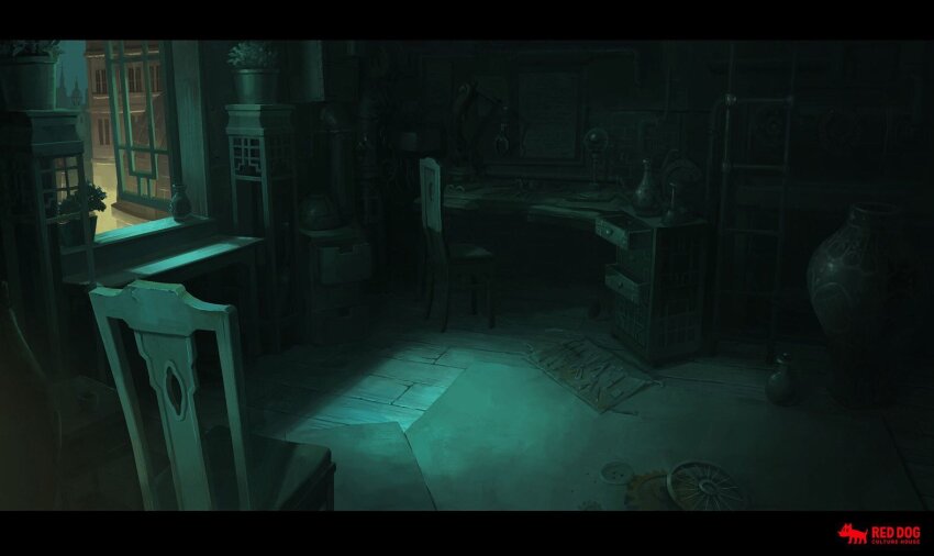 chair chest_of_drawers desk indoors moonlight night no_humans open_window original plant potted_plant shadow slow_d window wooden_floor