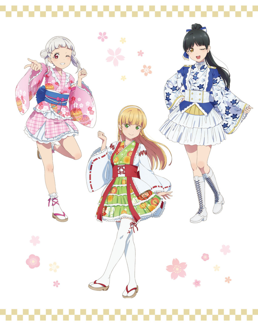 3girls arashi_chisato artbook black_hair blonde_hair boots bow double_bun floral_print full_body green_eyes hair_bun hairband hazuki_ren heanna_sumire highres japanese_clothes kimono lace-up_boots long_hair looking_at_viewer love_live! love_live!_superstar!! multiple_girls non-web_source obi official_art one_eye_closed open_mouth ponytail red_eyes sash smile standing tabi thighhighs white_background white_hair wide_sleeves yellow_eyes