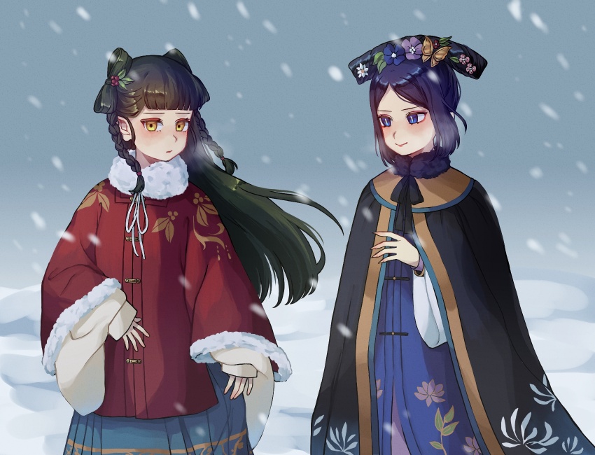 2girls aoqun blue_eyes blue_skirt cape chinese_clothes flower green_hair hair_flower hair_ornament hanfu highres kuroussa liangbatou long_sleeves mamianqun ming_dynasty ming_dynasty_(kuroussa) multiple_girls original outdoors personification purple_hair qing_dynasty qing_dynasty_(kuroussa) skirt snow snowing winter yellow_eyes