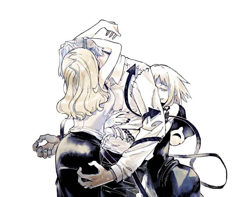 1boy 2girls arm_tattoo arms_around_neck black_dress black_nails black_pants black_skirt blonde_hair bracelet collared_shirt dress franken_stein_(soul_eater) front_ponytail half-closed_eyes hetero highres hissiu hug hug_from_behind jewelry limited_palette long_sleeves looking_at_viewer marie_mjolnir medium_hair medusa_gorgon multiple_girls multiple_tails object_through_head pants screw_in_head shirt short_hair simple_background skirt sleeveless sleeveless_shirt snake_tattoo soul_eater tail tattoo white_background yellow_eyes