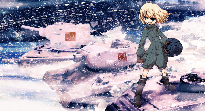 10s 1girl black_footwear blonde_hair blue_eyes boots brown_gloves emblem girls_und_panzer gloves hand_on_own_hip helmet highres holding katyusha_(girls_und_panzer) kv-2 long_sleeves military military_uniform military_vehicle motor_vehicle ningen_plamo on_tank open_mouth overalls pravda_(emblem) short_hair short_jumpsuit smile snow standing t-34 tank tank_helmet unworn_headwear unworn_helmet vehicle