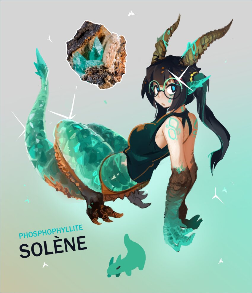 1girl absurdres aqua_gemstone bare_shoulders black_hair black_tank_top blue_eyes body_markings character_name chibi chibi_inset claws crop_top dragon_girl dragon_horns dragon_tail full_body gem glasses highres horns ibanplays long_hair looking_at_viewer original phosphophyllite_(gemstone) photo_inset round_eyewear sidelocks sparkle tail tank_top twintails