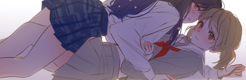 2girls azusawa_kohane black_hair blue_hair blue_skirt blush brown_eyes brown_hair commentary_request commission gradient_hair grey_serafuku grey_shirt grey_skirt hair_ornament highres korean_commentary l0hann1 long_hair long_sleeves looking_at_viewer multicolored_hair multiple_girls neckerchief orange_eyes parted_lips plaid_clothes plaid_skirt pleated_skirt project_sekai red_neckerchief sailor_collar school_uniform second-party_source serafuku shiraishi_an shirt short_twintails simple_background skirt star_(symbol) star_hair_ornament twintails white_background white_sailor_collar white_shirt yuri
