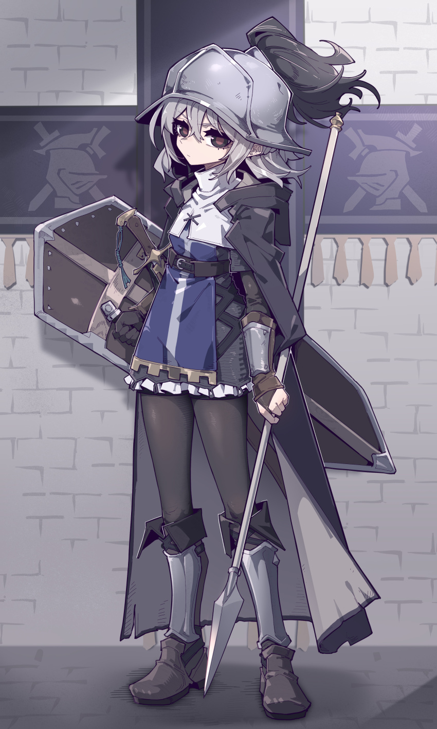 1girl absurdres black_gloves black_pantyhose boots breasts closed_mouth gloves grey_hair helmet highres holding holding_polearm holding_shield holding_weapon imazawa knight original pantyhose polearm red_eyes shield short_hair small_breasts solo spear weapon