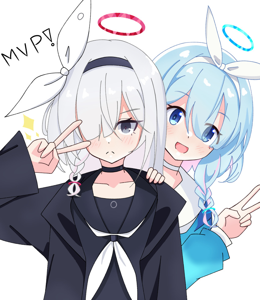 plana_(blue_archive) absurdres arona_(blue_archive) blue_archive blue_eyes blue_hair blush braid closed_mouth collarbone commentary_request grey_eyes grey_hair hair_over_one_eye halo headband highres jacket long_hair looking_at_viewer medium_hair mvp open_mouth school_uniform side_braid simple_background v white_background