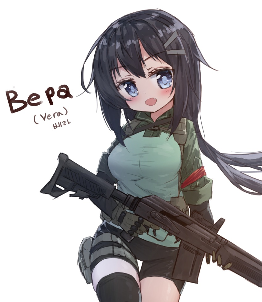 1girl bike_shorts black_hair black_shorts black_thighhighs blue_eyes blue_shirt blush borrowed_character breasts copyright_request fang green_jacket gun hair_between_eyes head_tilt highres holding holding_gun holding_weapon izhmash jacket kalashnikov_concern korean_text long_hair medium_breasts military military_jacket molot molot-oruzhie molot_weapons open_mouth russian_text saiga-12 semi-automatic_shotgun shirt shorts shotgun sidelocks simple_background solo_focus tandohark thighhighs translated vepr-12 very_long_hair vyatskiye_polyany_machine-building_plant weapon white_background