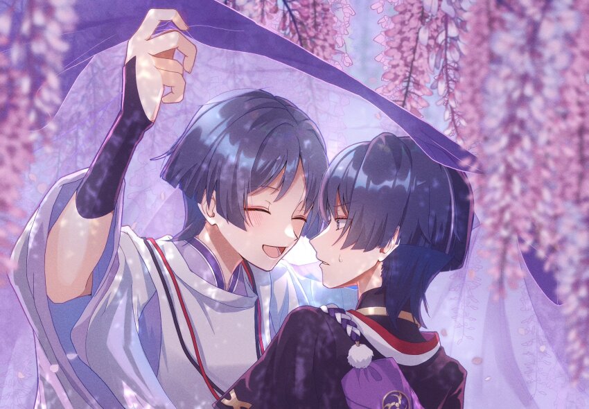 2boys armor arms_up black_bodysuit black_hair black_kimono black_sleeves blonde_hair blunt_ends blush bodysuit closed_eyes dual_persona eyeliner eyeshadow face-to-face facing_another falling_petals fingernails genshin_impact highres holding_veil japanese_armor japanese_clothes jewelry juban kariginu kimono kote kurokote layered_sleeves looking_at_another lower_teeth_only makeup mandarin_collar mitsudomoe_(shape) multiple_boys neck_ring parted_lips petals pink_petals plant pom_pom_(clothes) purple_bag purple_rope purple_sleeves purple_veil red_eyeliner red_eyeshadow rope saigawa_genshin scaramouche_(genshin_impact) scaramouche_(kabukimono)_(genshin_impact) shimenawa short_sleeves smile string sweatdrop teeth tomoe_(symbol) veil white_rope white_sleeves wide_sleeves