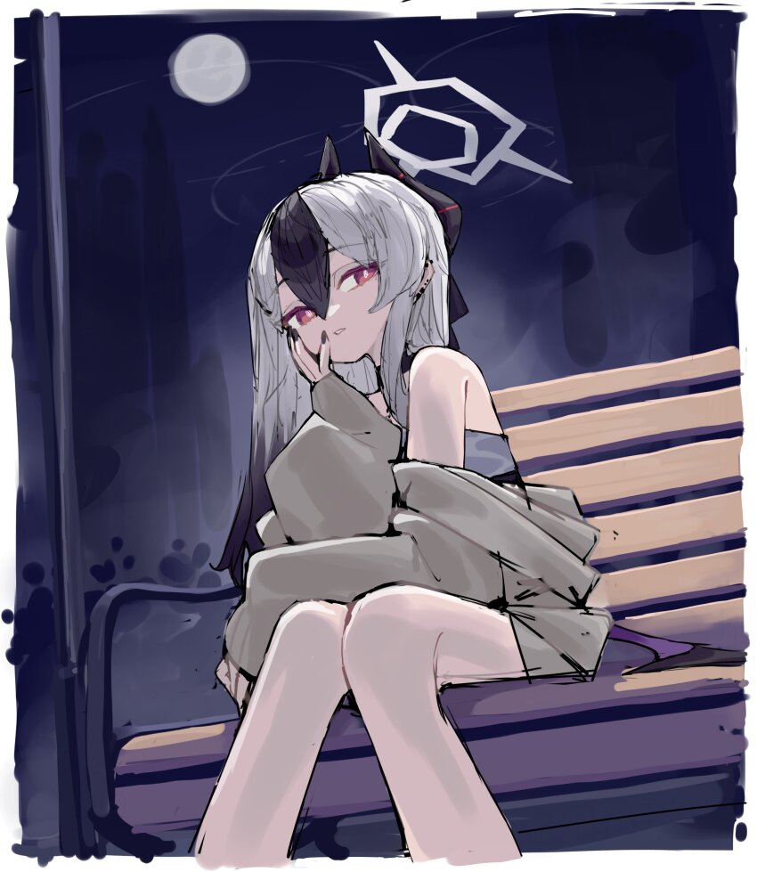 1girl absurdres bare_legs bench black_choker black_hair black_horns black_nails blue_archive border brown_jacket choker demon_horns demon_wings dress ear_piercing full_moon grey_halo hair_between_eyes halo hand_on_own_cheek hand_on_own_face highres horns jacket jacket_partially_removed kayoko_(blue_archive) kayoko_(dress)_(blue_archive) lamppost long_hair moon multicolored_hair nail_polish night official_alternate_costume on_bench outdoors park_bench piercing red_eyes scarlet23i0 single_wing sitting solo two-tone_hair white_border white_hair wings