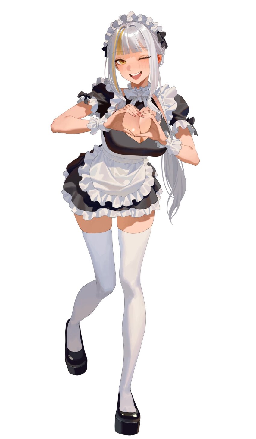 1girl apron black_dress black_ribbon black_shoes blonde_hair blush breasts cleavage dress grey_hair heart heart_hands highres hongcasso indie_virtual_youtuber maid_headdress multicolored_hair one_eye_closed open_mouth park_dona ribbon shoes smile solo streaked_hair thighhighs virtual_youtuber white_apron white_background white_thighhighs
