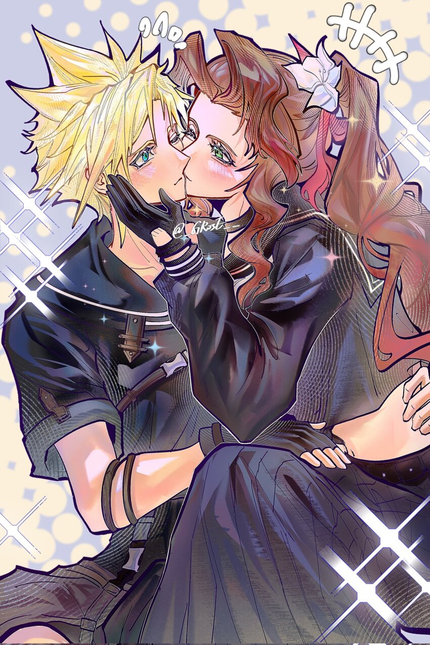 1boy 1girl aerith_gainsborough black_gloves black_skirt blonde_hair blush brown_hair cloud_strife cropped_shirt final_fantasy final_fantasy_vii final_fantasy_vii_ever_crisis gloves grose highres kiss long_hair looking_at_another ponytail school_uniform skirt