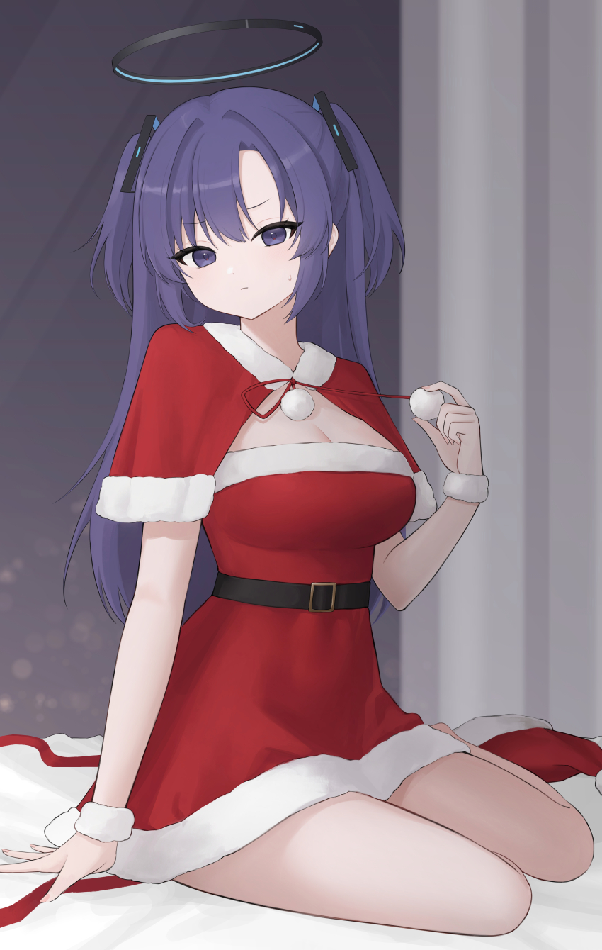 1girl absurdres alternate_costume arm_support bed belt black_belt black_halo blue_archive blue_eyes blue_hair blurry bokeh breasts capelet christmas city_lights cleavage commentary curtains depth_of_field dress fingernails fur-trimmed_capelet fur-trimmed_dress fur_trim gomzzit hair_ornament halo hat headgear high_belt highres indoors long_hair looking_at_viewer mechanical_halo medium_breasts on_bed pom_pom_(clothes) red_capelet red_dress santa_costume santa_dress santa_hat short_dress sitting solo sweatdrop triangle_hair_ornament two_side_up untying unworn_hat unworn_headwear window wrist_cuffs yokozuwari yuuka_(blue_archive)