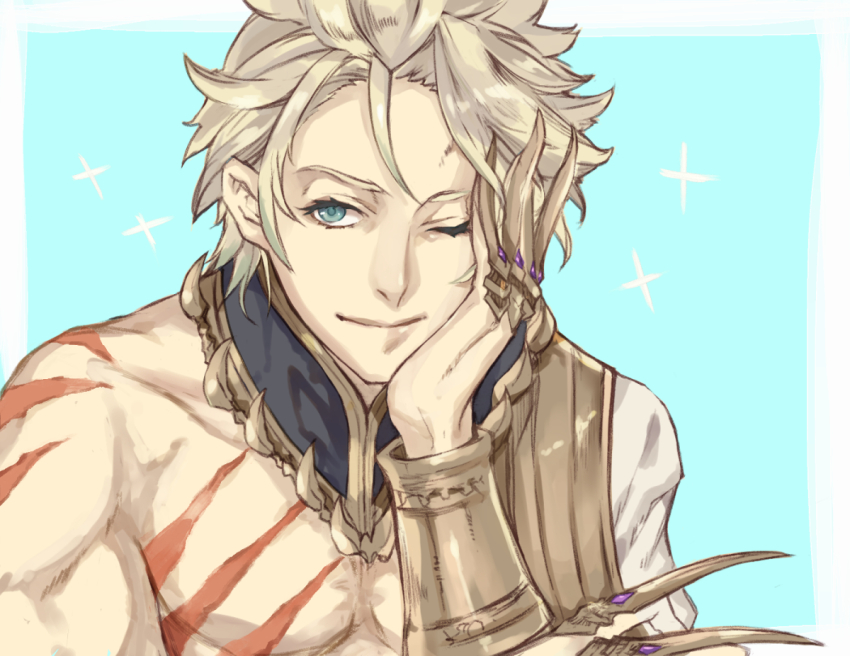 aladdin_(sinoalice) bad_id bad_tumblr_id bare_pectorals blonde_hair blue_background bridal_gauntlets brown_sash claws closed_mouth collar looking_at_viewer male_focus one_eye_closed owalioli pectorals scar simple_background sinoalice smile solo sparkle tattoo white_background