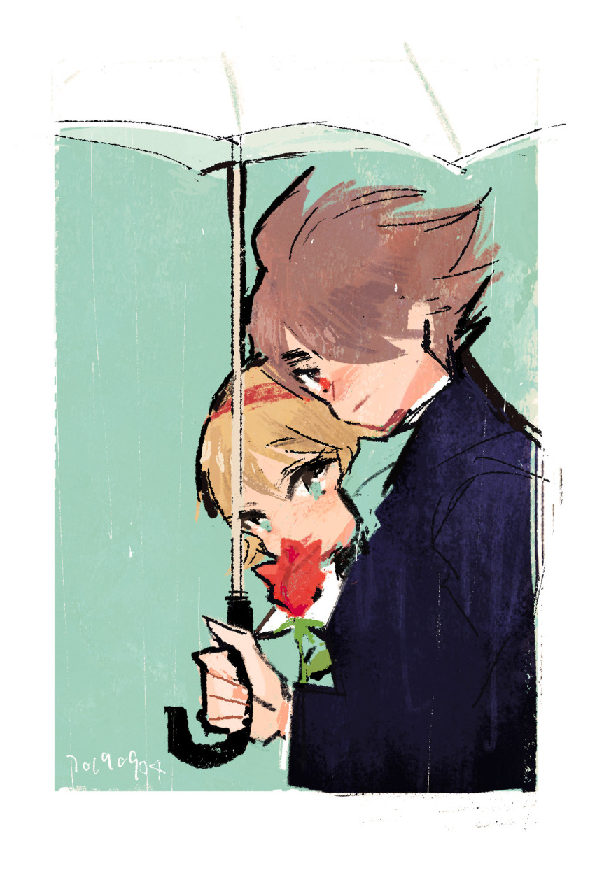 black_shirt black_suit blonde_hair blush brown_eyes brown_hair coat couple cyborg cyborg_009 flower formal_clothes francoise_arnoul green_eyes hairband highres holding holding_flower holding_umbrella long_hair looking_at_viewer manodemarina red_hairband shimamura_joe shirt short_hair suit umbrella white_coat