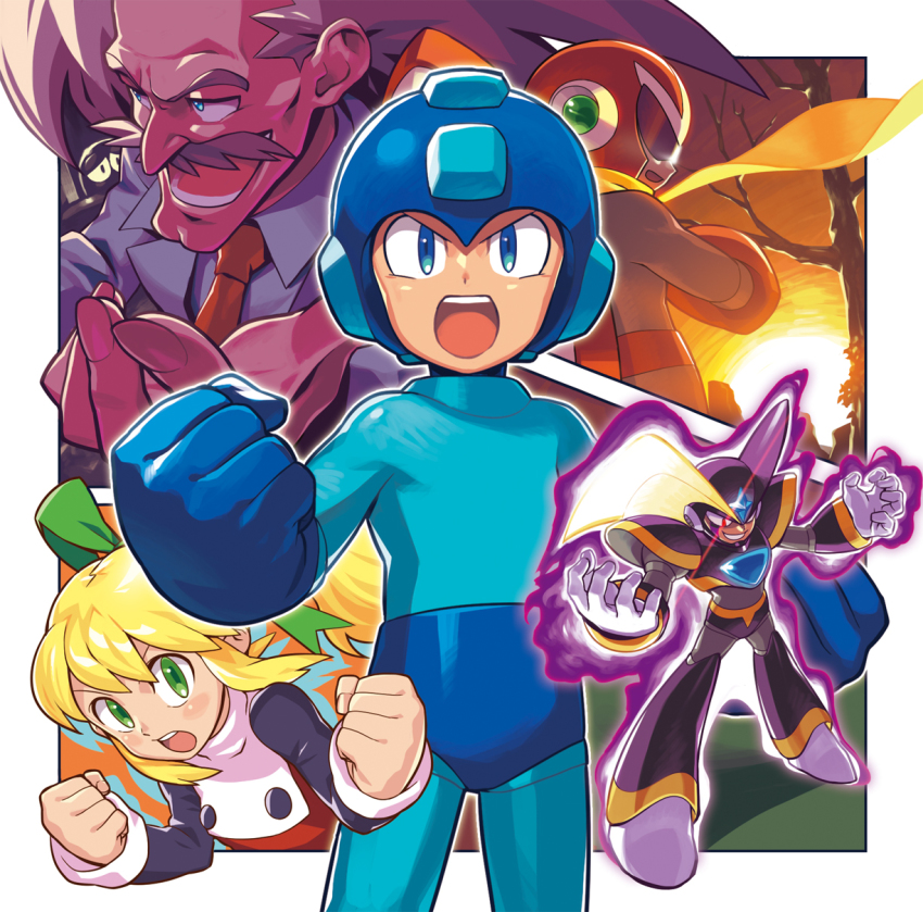 &gt;:d &gt;:o 1girl 4boys :d :o bass_(mega_man) black_headwear blonde_hair blouse blue_eyes blue_headwear blush capcom clenched_hands collared_shirt dr._wily_(mega_man) evil_grin evil_smile facial_hair feet_out_of_frame floating_hair full_body glowing glowing_eyes green_eyes green_ribbon grin hair_ribbon hands_up helmet highres kin_niku lab_coat long_hair long_sleeves looking_at_viewer looking_to_the_side mega_man_(character) mega_man_(classic) mega_man_(series) mega_man_8 mega_man_9 multiple_boys mustache necktie old old_man open_mouth outside_border plug_man ponytail proto_man red_eyes red_headwear red_neckwear ribbon robot roll_(mega_man) round_teeth scarf scientist serious shirt smile standing sun sunset teeth tree upper_teeth_only white_hair white_shirt yellow_scarf