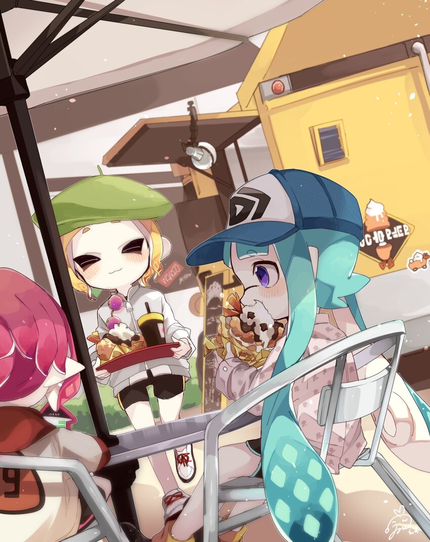 1other 2girls :3 baseball_cap beret bike_shorts black_shorts blonde_hair blue_hat blush closed_eyes closed_mouth commentary_request cup disposable_cup dolphin_shorts drinking_straw eating eyewear_hang food food_truck green_hat hat highres holding holding_hood holding_phone holding_tray ika_esu in-universe_location inkling inkling_(language) inkling_girl inkling_player_character jacket jellyfish_print light_particles long_hair long_sleeves multiple_girls nintendo octoling octoling_girl octoling_player_character on_chair outdoors pale_skin parasol phone pink_hair pointy_ears print_shirt purple_eyes round_eyewear shirt short_hair shorts shrimp shrimp_tempura signature sitting splatoon_(series) splatoon_2 suction_cups table tempura tentacle_hair tray twintails umbrella unworn_eyewear very_long_hair walking white_footwear white_jacket white_shirt zipper zipper_pull_tab