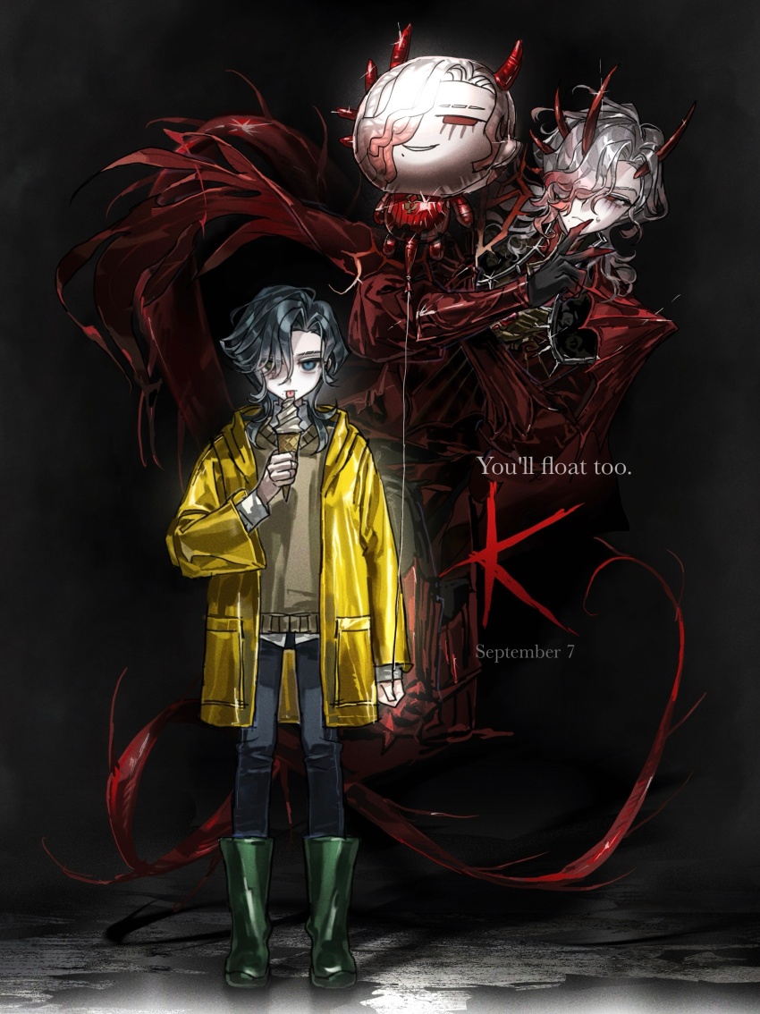 1boy 1other absurdres balloon black_gloves black_hair blue_eyes boots demon_horns fingernails food frown full_body georgie_denbrough gloves hair_over_one_eye highres holding holding_balloon holding_food holding_ice_cream horns ice_cream it_(stephen_king) jacket kd_sayakayui looking_at_another looking_at_viewer open_clothes open_jacket pennywise raincoat red_eyes rubber_boots sharp_fingernails tongue tongue_out watermark white_hair yellow_jacket yellow_raincoat