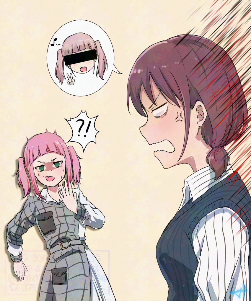 !? 2girls absurdres angry blue_sweater_vest brown_hair censored censored_identity collared_shirt commentary crossover dress_shirt english_commentary fang girls_band_cry green_eyes highres hina_(girls_band_cry) iseri_nina long_hair long_sleeves low_twintails multiple_girls musical_note mutsuki_(mutsuki0110) nervous_sweating open_mouth pink_hair shirt short_hair short_twintails skin_fang striped_clothes striped_shirt sweat sweater_vest twintails very_long_hair watase_kiui yoru_no_kurage_wa_oyogenai
