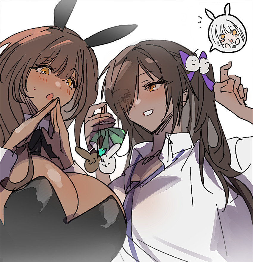 3girls :o animal_ears black_bow black_bowtie black_leotard blanc_(nikke) blush bowtie breasts brown_eyes brown_hair chibi chibi_inset dark-skinned_female dark_skin detached_collar fake_animal_ears goddess_of_victory:_nikke grin hair_over_one_eye hair_ribbon holding huge_breasts large_breasts leotard mimlmi multiple_girls naga_(nikke) necktie noir_(nikke) one_eye_covered playboy_bunny purple_necktie rabbit_ears ribbon shirt smile strapless strapless_leotard white_shirt wrist_cuffs