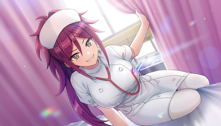 1girl bed breasts clenched_teeth curtains day dolphin_wave game_cg grey_eyes hat highres hospital_bed kurenashi_yuuri large_breasts long_bangs looking_at_viewer non-web_source nurse nurse_cap official_art on_bed ootomo_takuji open_mouth pantyhose sharp_teeth sitting smile solo stethoscope sunlight teeth white_pantyhose