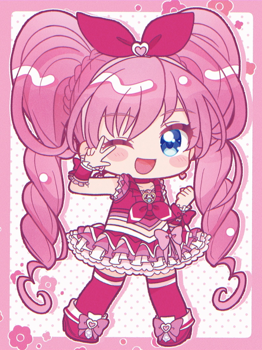 1girl ;d blue_eyes blush_stickers boots border bow bow_hairband brooch chibi choker clenched_hand collarbone commentary crop_top cure_melody earrings floral_background frilled_skirt frilled_wrist_cuffs frills full_body hairband heart heart_brooch heart_earrings highres houjou_hibiki jewelry layered_skirt long_hair looking_at_viewer magical_girl midriff no_nose one_eye_closed open_mouth pink_boots pink_border pink_bow pink_choker pink_hair pink_skirt pink_thighhighs pink_wrist_cuffs polka_dot polka_dot_background precure skirt smile solo standing suite_precure thighhighs twintails umiyuki_(umi_chu) very_long_hair w w_over_eye white_background white_hairband wrist_cuffs zettai_ryouiki