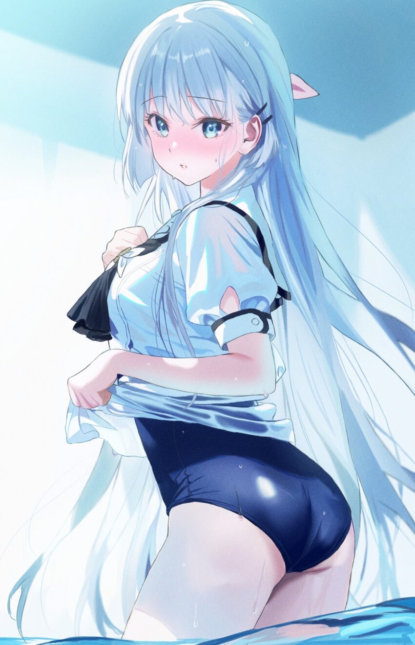 1girl parallel_hairclips adapted_costume ascot ass black_ascot blue_eyes blue_one-piece_swimsuit blush clothes_lift commentary_request cowboy_shot eyelashes from_side hair_behind_ear hair_between_eyes hair_ornament hair_over_shoulder hair_ribbon hairclip highres lifting_own_clothes long_hair looking_at_viewer miiizuno_lbs naruse_shiroha one-piece_swimsuit parted_lips pink_ribbon puffy_short_sleeves puffy_sleeves ribbon sailor_collar school_uniform serafuku shirt shirt_lift short_sleeves sidelocks solo summer_pockets summer_pockets_school_uniform swimsuit very_long_hair wading water wet white_hair white_sailor_collar white_shirt