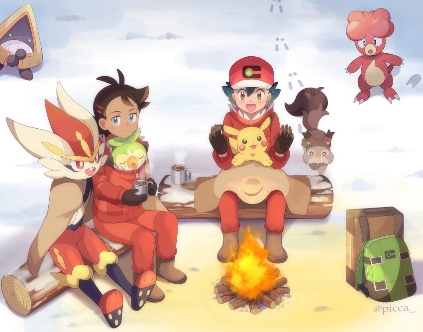 2boys :d animal animal_in_clothes antenna_hair ash_ketchum backpack bag baseball_cap blanket blue_eyes boots brown_eyes brown_footwear brown_gloves brown_hair campfire cinderace closed_mouth cup eyelashes fire footprints fur-trimmed_jacket fur_trim gen_1_pokemon gen_2_pokemon gen_3_pokemon gen_8_pokemon gloves goh_(pokemon) green_bag grookey hands_up hat highres holding holding_cup jacket liquid log magby male_focus mei_(maysroom) multiple_boys nintendo open_mouth orange_jacket orange_pants pants pikachu pokemon pokemon_(anime) pokemon_(creature) pokemon_journeys red_headwear short_hair sitting skwovet smile snorunt snow steam tongue unworn_bag