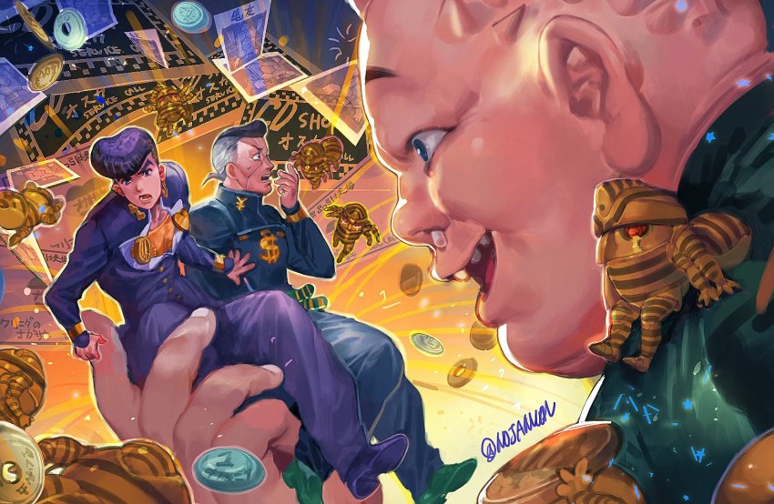 3boys black_hair blue_eyes dollar_sign facial_mark gakuran grey_hair harvest_(stand) heart higashikata_josuke holding jojo_no_kimyou_na_bouken male_focus mini_person miniboy money multicolored_hair multiple_boys nijimura_okuyasu nojamman open_mouth peace_symbol pin pompadour purple_hair school_uniform shigechiyo_yamamoto_(jojo&#039;s_bizzare_adventure) snot stand_(jojo) star_(symbol) sweatdrop twitter_username two-tone_hair yangu_shigekiyo yen yen_sign