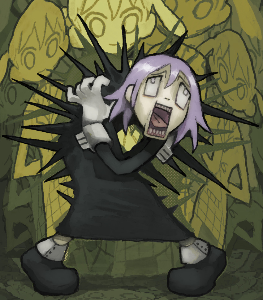 1girl 1other androgynous black_dress crona_(soul_eater) dress hair_between_eyes highres long_sleeves maka_albarn other_focus plastiboo purple_hair smile soul_eater
