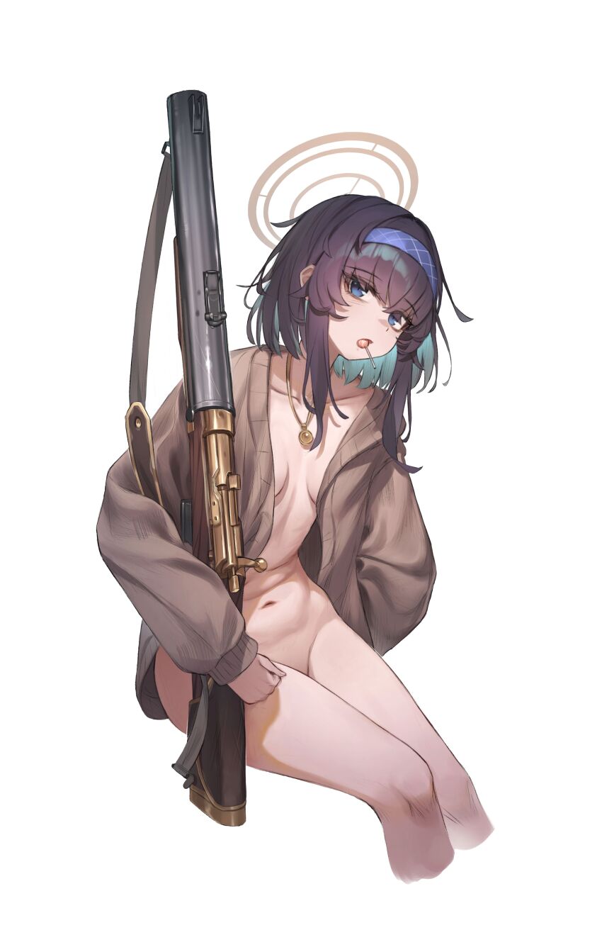 1girl absurdres black_hair blue_archive breasts brown_cardigan brown_halo cardigan collarbone de_lisle_carbine di_le_to gun hairband halo highres holding holding_gun holding_weapon invisible_chair lollipop_in_mouth long_hair long_sleeves looking_at_viewer naked_cardigan navel open_cardigan open_clothes open_mouth puffy_long_sleeves puffy_sleeves purple_eyes purple_hairband simple_background sitting small_breasts solo stomach thighs ui_(blue_archive) weapon white_background