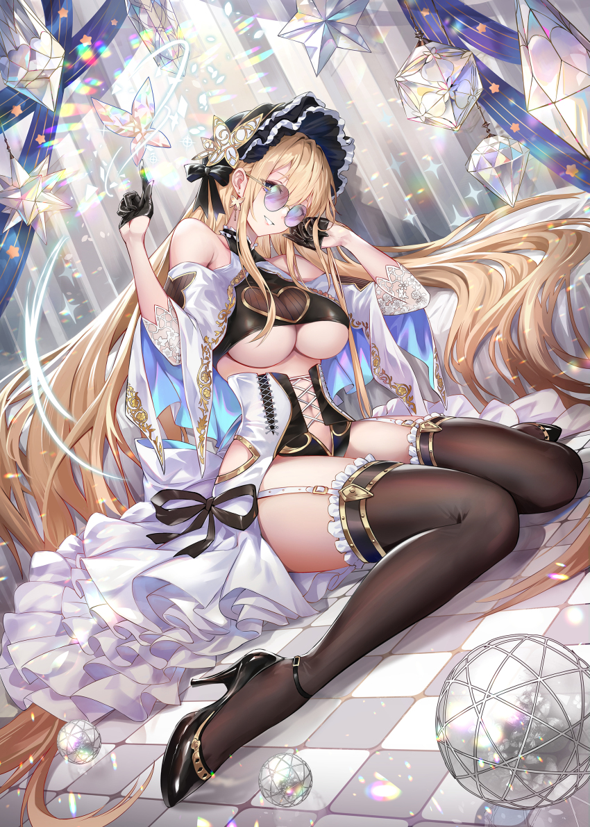 1girl absurdres bare_shoulders black_corset black_gloves black_thighhighs blonde_hair blush breasts bug butterfly butterfly_earrings card_game cleavage clothing_cutout corset crystal dress earrings frilled_hairband frills garter_straps gloves grand_archive hairband heart_cutout high_heels highres insect jewelry large_breasts long_hair looking_at_viewer navel nr_noir priscilla_(grand_archive) revealing_clothes round_eyewear sitting smile solo thighhighs thighs underboob very_long_hair wariza white_dress