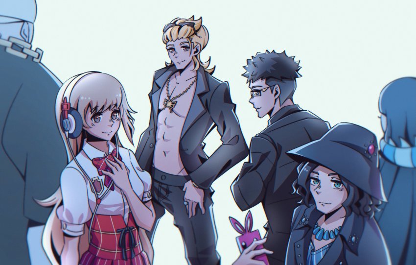 2girls 4boys abs absurdres animal_print ayano_(ntwewy) backwards_hat baseball_cap black_hair black_headwear black_pants blonde_hair bow butterfly_necklace butterfly_print cellphone chain chain_necklace closed_mouth collared_shirt glasses green_eyes grey_hair hat headphones highres hishima_(ntwewy) holding holding_phone jacket jewelry kaie_(ntwewy) long_hair looking_at_viewer matsunae_tsugumi multiple_boys multiple_girls necklace no_shirt open_clothes open_jacket pants phone plaid_bow plaid_clothes plaid_skirt rectangular_eyewear ring school_uniform shiba_(ntwewy) shin_subarashiki_kono_sekai shirt shirt_tucked_in skirt smartphone smile striped_clothes striped_shirt subarashiki_kono_sekai sunglasses_on_head susukichi_(ntwewy) undercut white_shirt