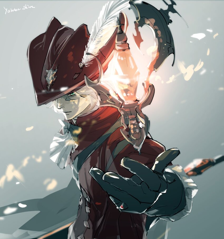 1boy black_gloves elbow_gloves final_fantasy final_fantasy_xiv floating floating_object gloves hat hat_feather highres looking_at_viewer male_focus red_hat red_mage_(final_fantasy) shirt solo white_shirt x&#039;rhun_tia yabuka_shiwa