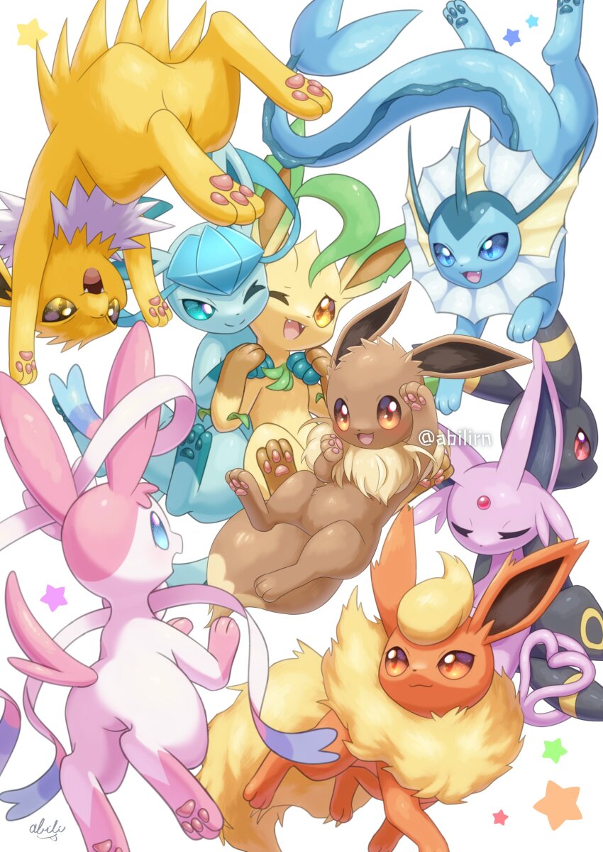 absurdres animal_focus blue_eyes brown_eyes closed_eyes closed_mouth commentary_request eevee espeon fangs flareon gen_1_pokemon gen_2_pokemon gen_4_pokemon gen_6_pokemon glaceon highres jolteon leafeon nintendo no_humans open_mouth orange_eyes pokemer pokemon pokemon_(creature) red_eyes smile star_(symbol) sylveon twitter_username umbreon vaporeon white_background yellow_eyes