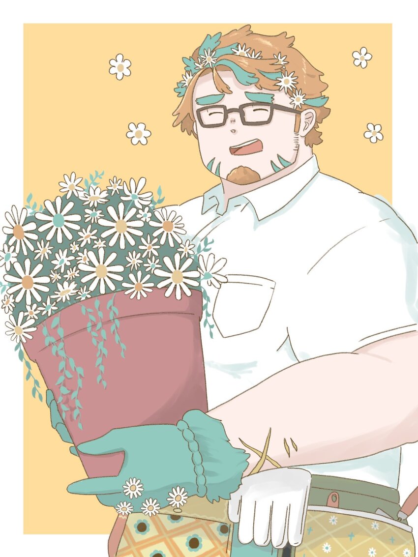 1boy :d ^_^ bara closed_eyes collared_shirt cowboy_shot facial_hair fat fat_man flower glasses goatee green_hair hair_flower hair_ornament happy happy_aura highres hippolytus_(housamo) light_brown_hair male_focus multicolored_hair open_mouth plant potted_plant shirt short_hair sideburns sideburns_stubble smile solo streaked_hair stubble thick_eyebrows tokyo_houkago_summoners two-tone_beard umibozu_(umibozu3290)
