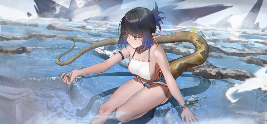 1girl absurdres alternate_costume arknights bare_shoulders black_hair blue_eyes blue_hair blue_shorts breasts closed_mouth danzir earrings eunectes_(arknights) foot_out_of_frame highres jewelry long_tail multicolored_hair necklace pointy_ears short_hair short_shorts shorts sitting snake_tail solo strapless tail tassel tassel_earrings water wide_shot