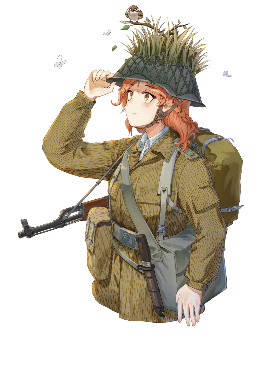 1girl absurdres adjusting_clothes adjusting_headwear animal arm_at_side arm_up assault_rifle backpack bag belt belt_buckle bird braid brown_jacket buckle bug butterfly camouflage camouflage_headwear camouflage_jacket chin_strap chinese_commentary closed_mouth combat_helmet combat_knife commentary_request cropped_torso east_germany grass green_jacket grey_bag grey_headwear gun gun_sling helmet highres insect jacket kalashnikov_rifle knife lapels leaf long_sleeves looking_afar medium_hair military military_combat_uniform military_jacket military_uniform mpi-km notched_lapels nva_uniform orange_eyes orange_hair original partial_commentary pocket rifle robin_(bird) sheath sheathed shirt shoulder_bag simple_background single_braid smile solo strichtarn tuziki_sang upper_body weapon white_background white_butterfly white_shirt