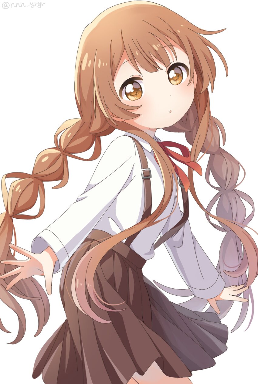 1girl :o absurdres blunt_bangs braid brown_hair brown_skirt collared_shirt commentary cowboy_shot highres long_hair long_sleeves looking_at_viewer matsumoto_rise neck_ribbon nnn_yryr parted_lips pleated_skirt red_ribbon ribbon shirt simple_background skirt solo suspender_skirt suspenders symbol-only_commentary twin_braids white_background white_shirt yellow_eyes yuru_yuri